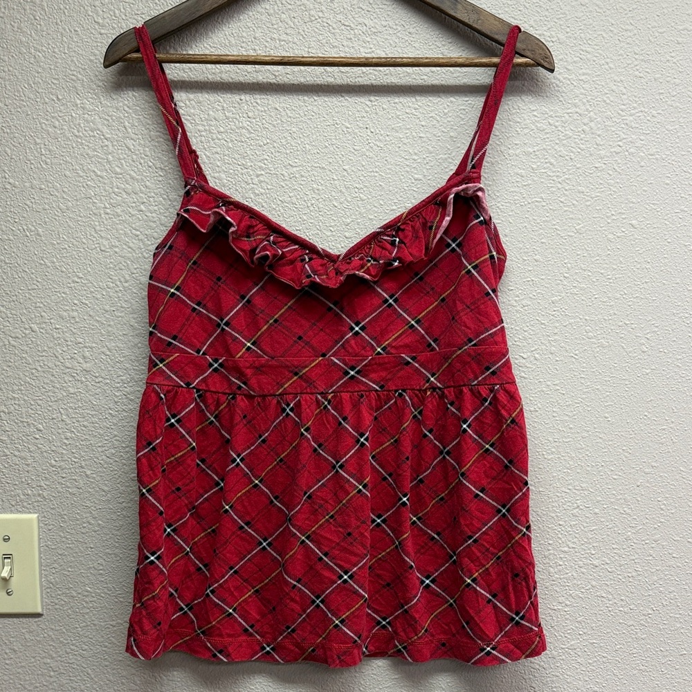 Chic Red Plaid Camisole with Ruffle Detail
